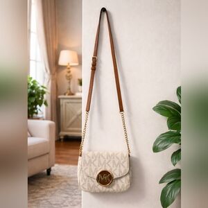 Michael Kors Cream MK Monogram Crossbody Bag Gold Chain Strap